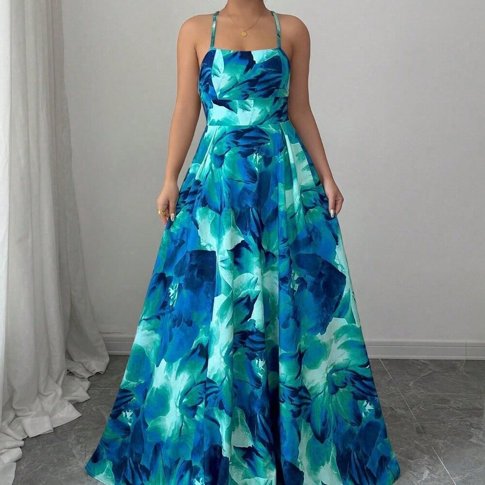 Blue Boho Women's Ink Print Criss-Cross Tie Long Dress - Picture 4 of 5
